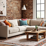 **A cozy living room interior featuring a neutral color palette with bright accent pillows, showcasing a mix of textures like exposed brick, soft rug, and wooden furniture.**