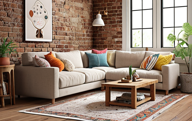 **A cozy living room interior featuring a neutral color palette with bright accent pillows, showcasing a mix of textures like exposed brick, soft rug, and wooden furniture.**